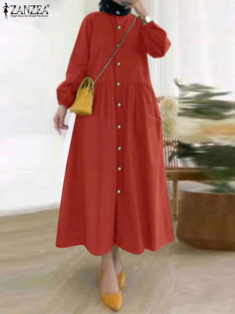 

ZANZEA Eid Mubarek Women Solid Loose Muslim Marocain Ramadan Vestido Autumn Mid-calf Dress Vintage O Neck Long Sleeve Sundress