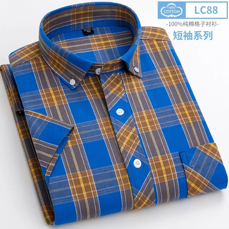 Summer Short Sleeve Shirts for Men Slim Fit Casual Plain Shirt Thin Plaid Hawaiian Soft Tops Popular Clothes 100%cotton 5