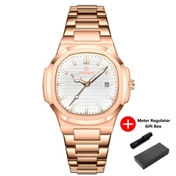 Luxury Square Waterproof Luminous Date Watch for Men - Stainless Steel Quartz with Gift Box (Gold White)