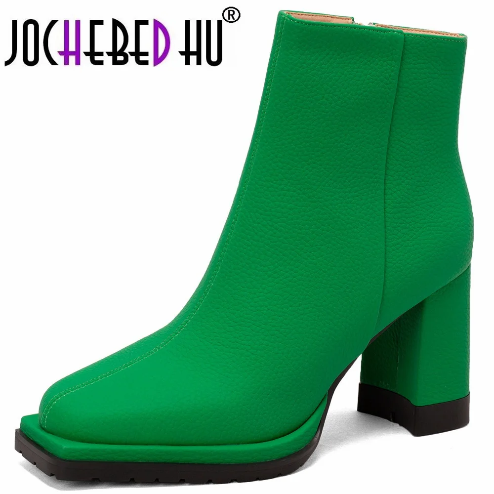 

【JOCHEBED HU】Women's Boots New Brand Square High Heels Platform Shoes Genuine Cow Leather Dress Office Female Ankle Boots 33-40