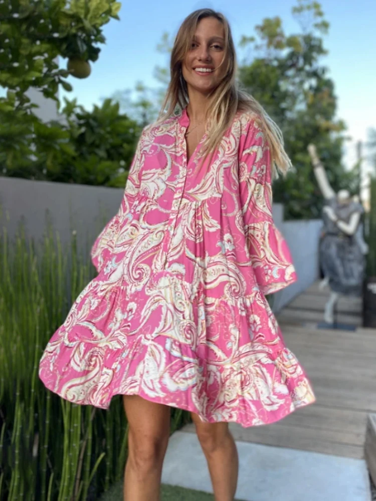

Spring Summer Fashion Print Boho Holiday Beach Dress For Women 2023 Casual V-neck Ruffles Party Loose Mini Dresses Robe Femme