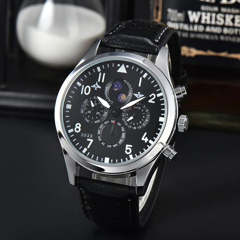 Aviator Design Quartz Watches for Men Leather Strap Chronograph Daily Waterproof Automatic Date AAA Male Clocks Free Shipping