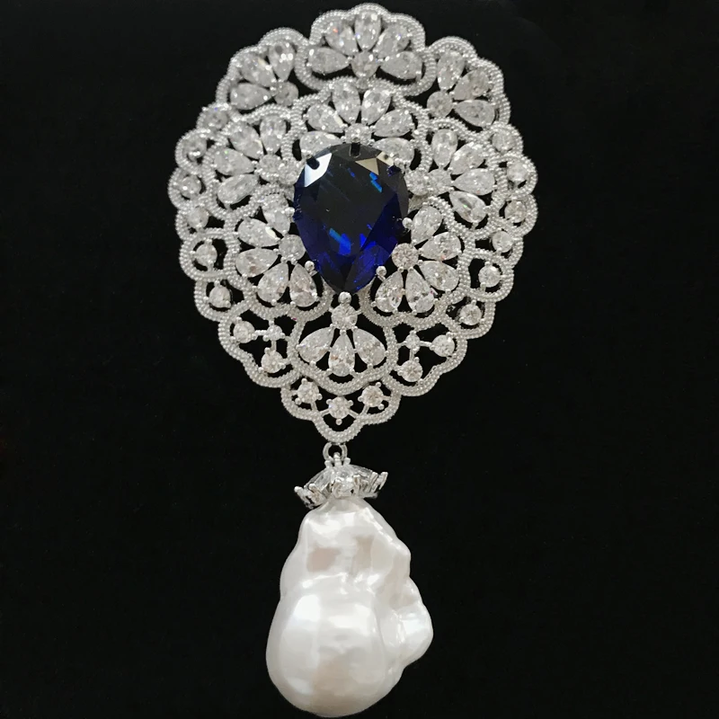 

Natural Fresh Water Baroque Pearl Brooch Pendant For Women Fashion Jewelry ElegantVintage Style With Blue Zirconia Free Shipping
