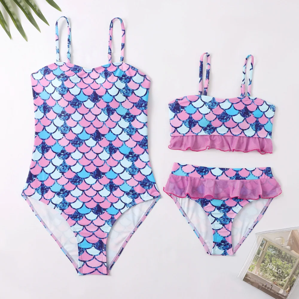 

Hiheart Mother and Girl Swimwear One-Piece Swimwear Colorful Mermaid Printed Mom and Me Bikini Family Matching Outfits
