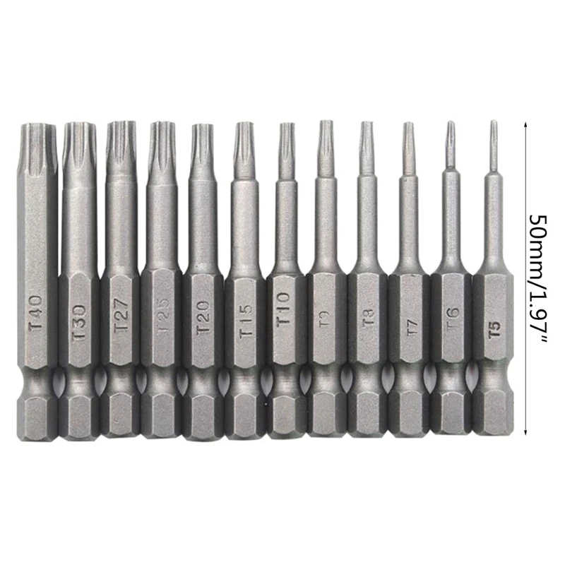 12 Pcs 50mm 1/4 인치 육각 생크 T5-T40 Torx 헤드 스크류 드라이버 비트 세트 전기 스크루 드라이버 도구