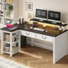 55" Computer Desk, Office Desk with Drawers, L Shaped Desk with Long Monitor Stand, Farmhouse Desk with Power Outlets LED Lights 1