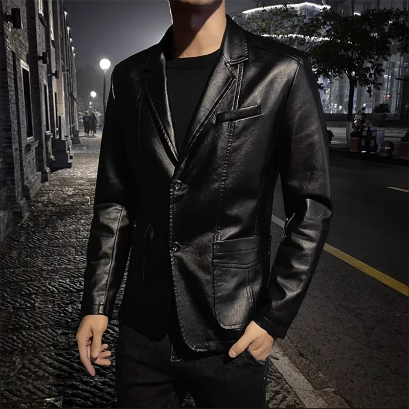 Leather Jackets New Men Business Casual Leather Jacket Black / khaki Fashion Male Suit Collar Coats Large Size 5XL Slim Fit Top