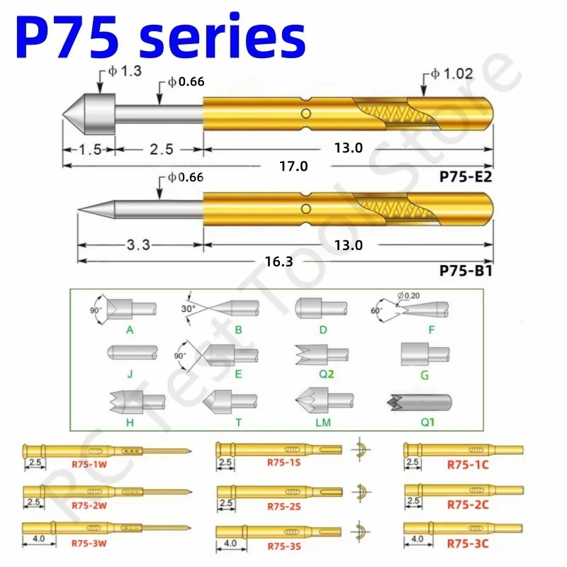 Feder prüf sonde p75 r75 Serie Pogo Pin 1,02mm vernickelter Nadel kopf 1.3/1,5mm Steckdose Messing rohr P75-B P75-B1