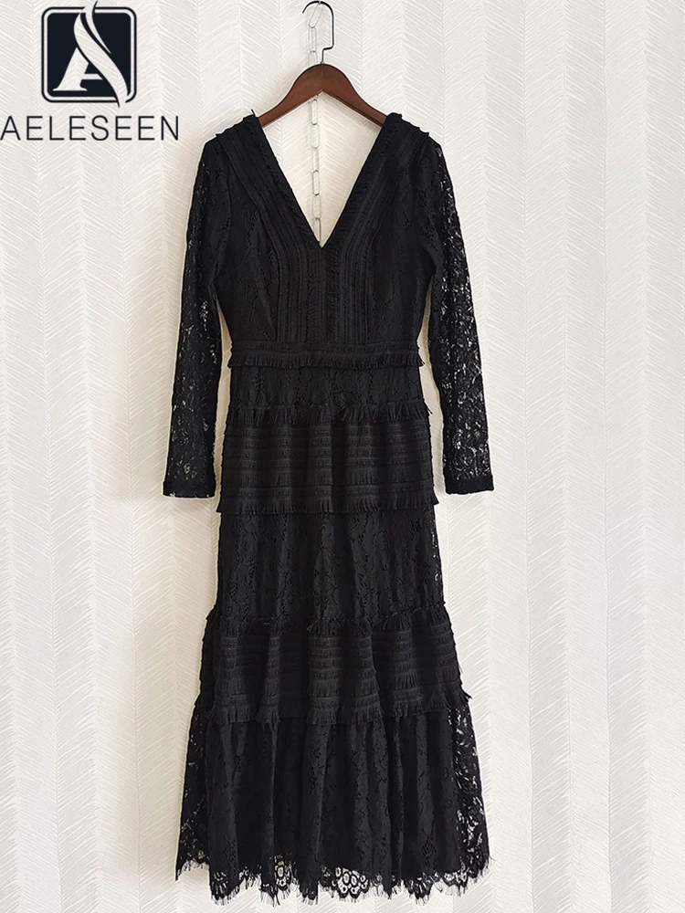 

AELESEEN Vinatge Autumn Black Dress Women Full Sleeve V-Neck High Quality Embroidery Hollow Out Cascading Ruffles Long Party
