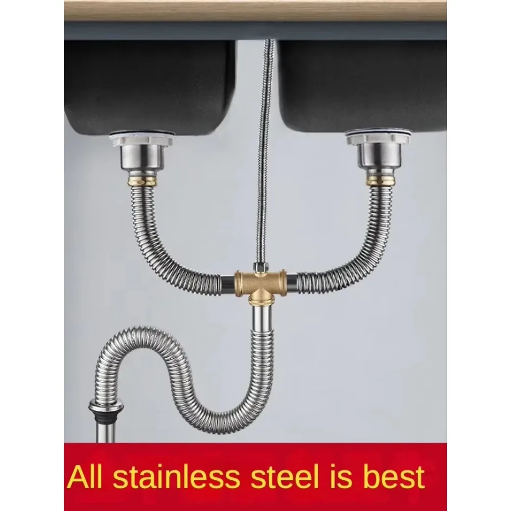 Stainless Steel Double Bowl Kitchen Sink Drain with Anti-Odor Pipe Copper Fittings and Sealing Ring Complete Drainage Kit