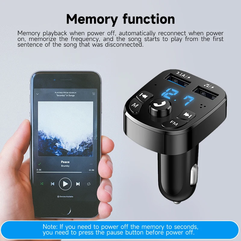 차량용 핸즈프리 무선 블루투스 FM 송신기, MP3 충전기, 듀얼 장착 플레이어, 블루투스 LED 디스플레이, 듀얼 USB 차량용 충전기
