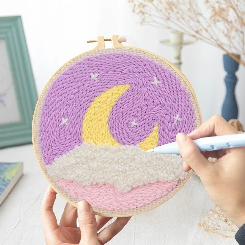 

Scenery Moon Punch Needle Embroidery Starter Kits DIY Craft Set Rug Hooking Punch Needle Tool With Threader Fabric Wool Yarn