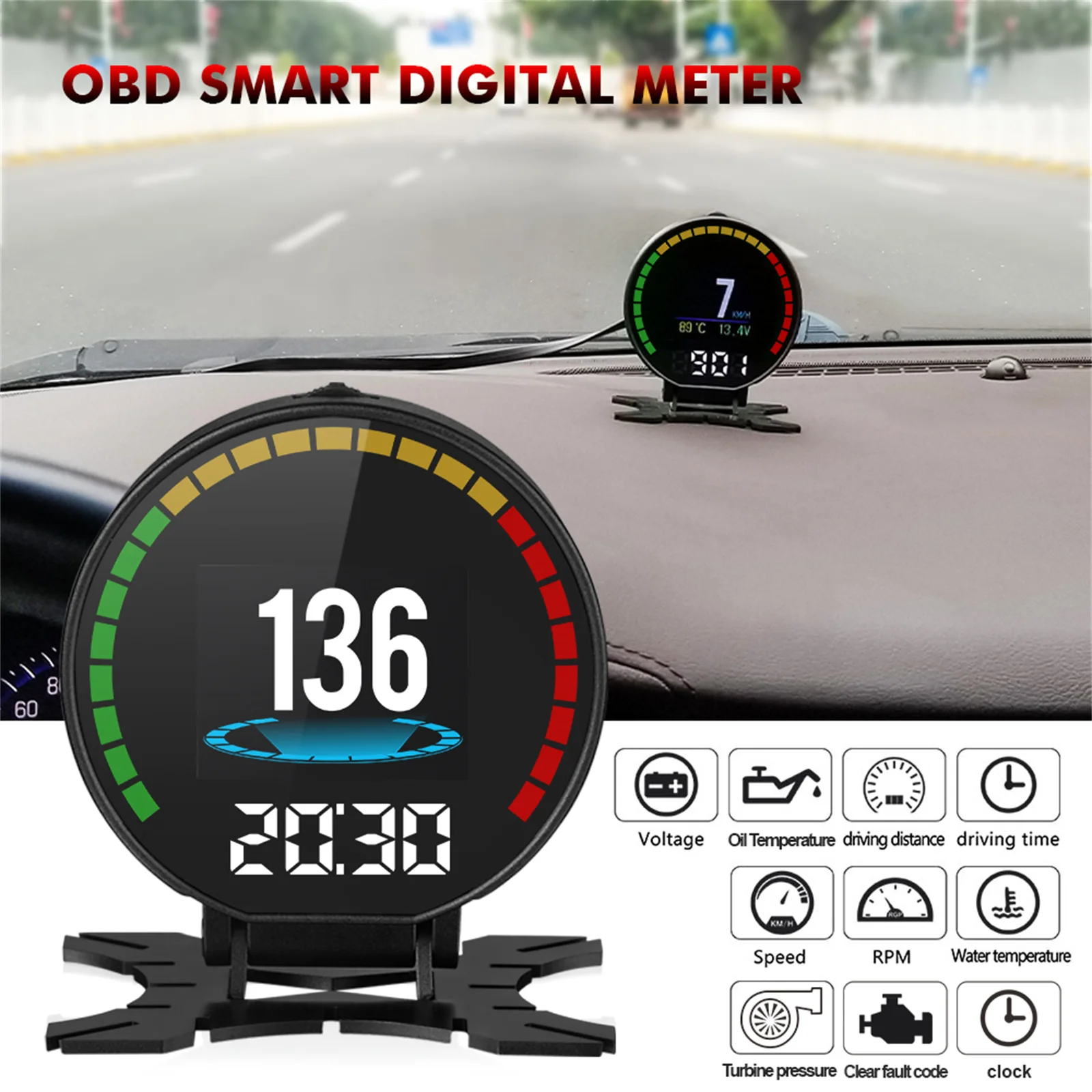 

P15 Head-Up Display Car OBD2 HUD Speedometer Overspeed Warning Digital Air Fuel Ratio Turbine Pressure Oil Water Temp Gauge