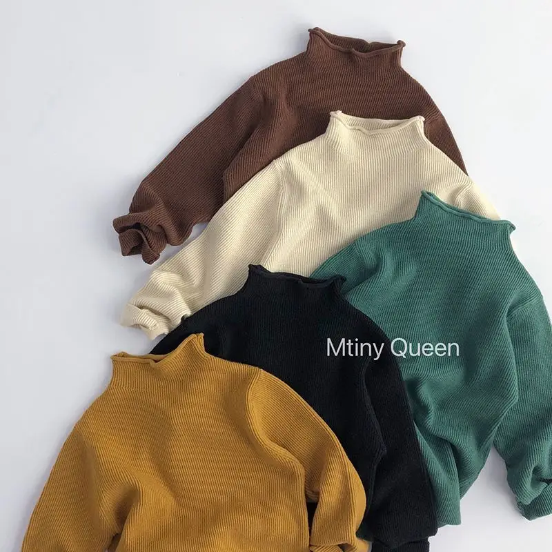 

Spring Autumn Korean Kids Boy Sweater Cotton Curled Turtleneck Solid Ribbed Baby Boy Knitted Shirts Versatile Children Boy Tops
