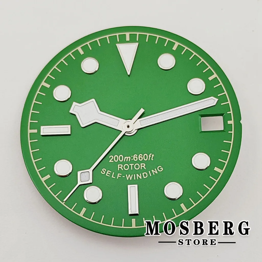Sterile Luminous Black and Green Watch Dial with Date Window and Hands - 28.5mm
