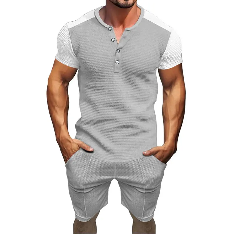 2024 Summer New Men's Two-piece Fashion Casual Sportwear Matching Color Button Slim Short Sleeve Shorts Suit Men's Clothing