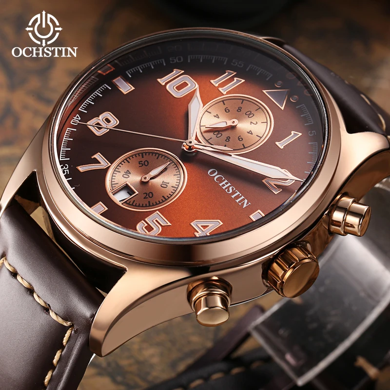 Ochstin Top Brand Multifunctional Quartz Watch Leather Strap Mineral Hardened Galss 30 Meters Life Waterproof Watches