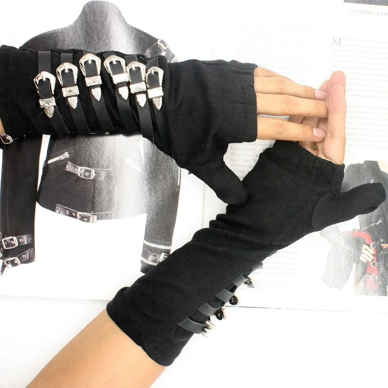 Handmade Punk Rock Roall Gloves Michael Jackson Tour Dirty Diana Armbraces Metal Buckle Black Cotton for Adults