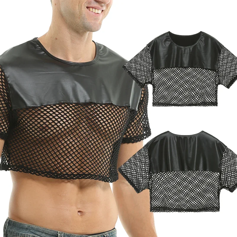 Men Leather Mesh Tops See Through Cropped T-shirts Transparent Fishnet Tee Short Sleeve Shirts Night Clubwear