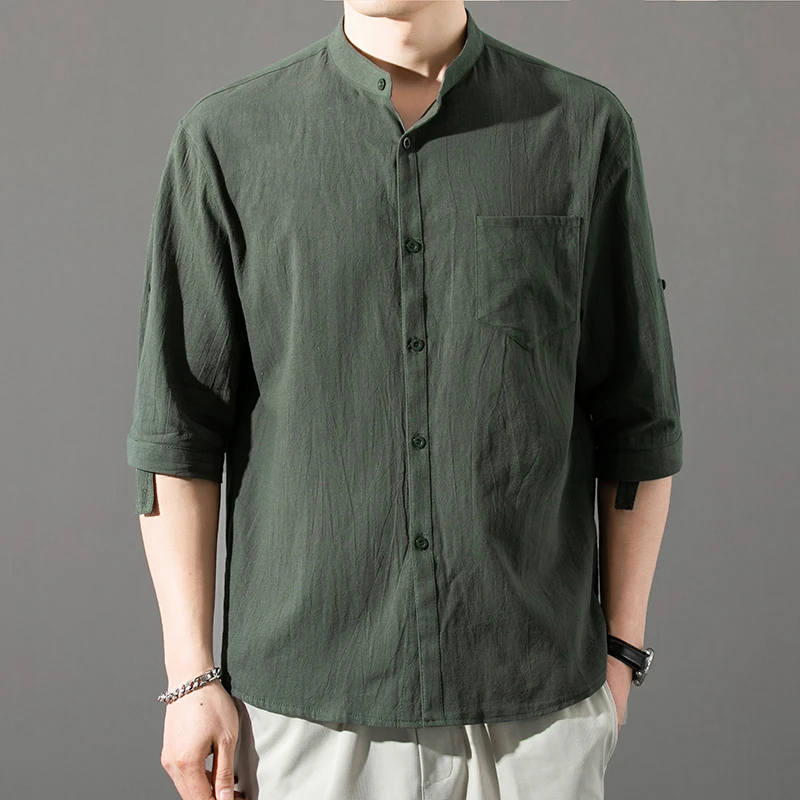 Three Quarter Sleeve Shirts Summer Cotton Linen Men's Solid Color Stand-Up Collar Casual Beach Style Shirt Tops