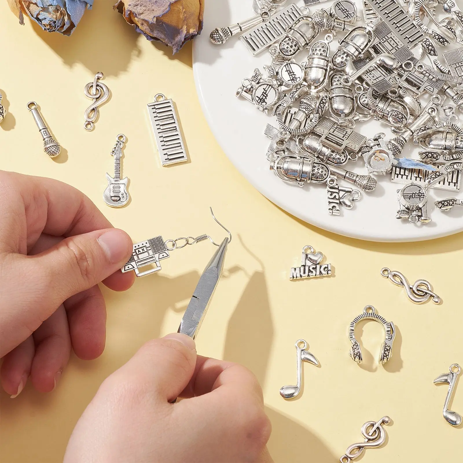 100Pcs 10 Styles Concert Theme Charms Tibetan Musical Instrument Charms Music Sign Guitar Charms for Jewelry Making Crafting