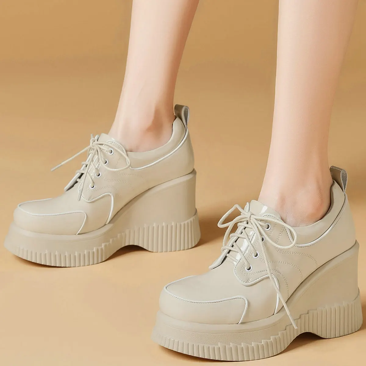 Platform Pumps Shoes Women Genuine Leather Wedges High Heel Ankle Boots Female Lace Up Round Toe Fashion Sneakers Casual Shoes