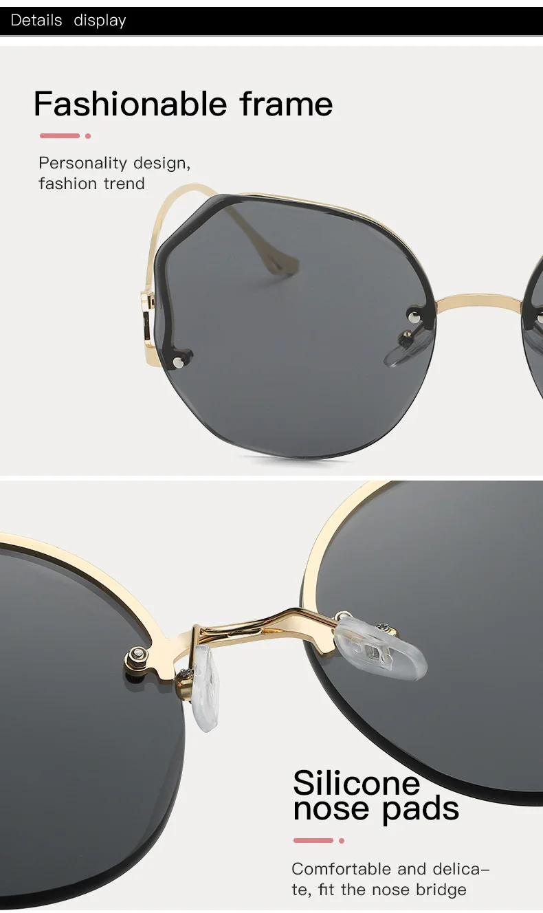Sunglasses Women Designer Round Gradient Rimless Metal Glasses_voghion.com