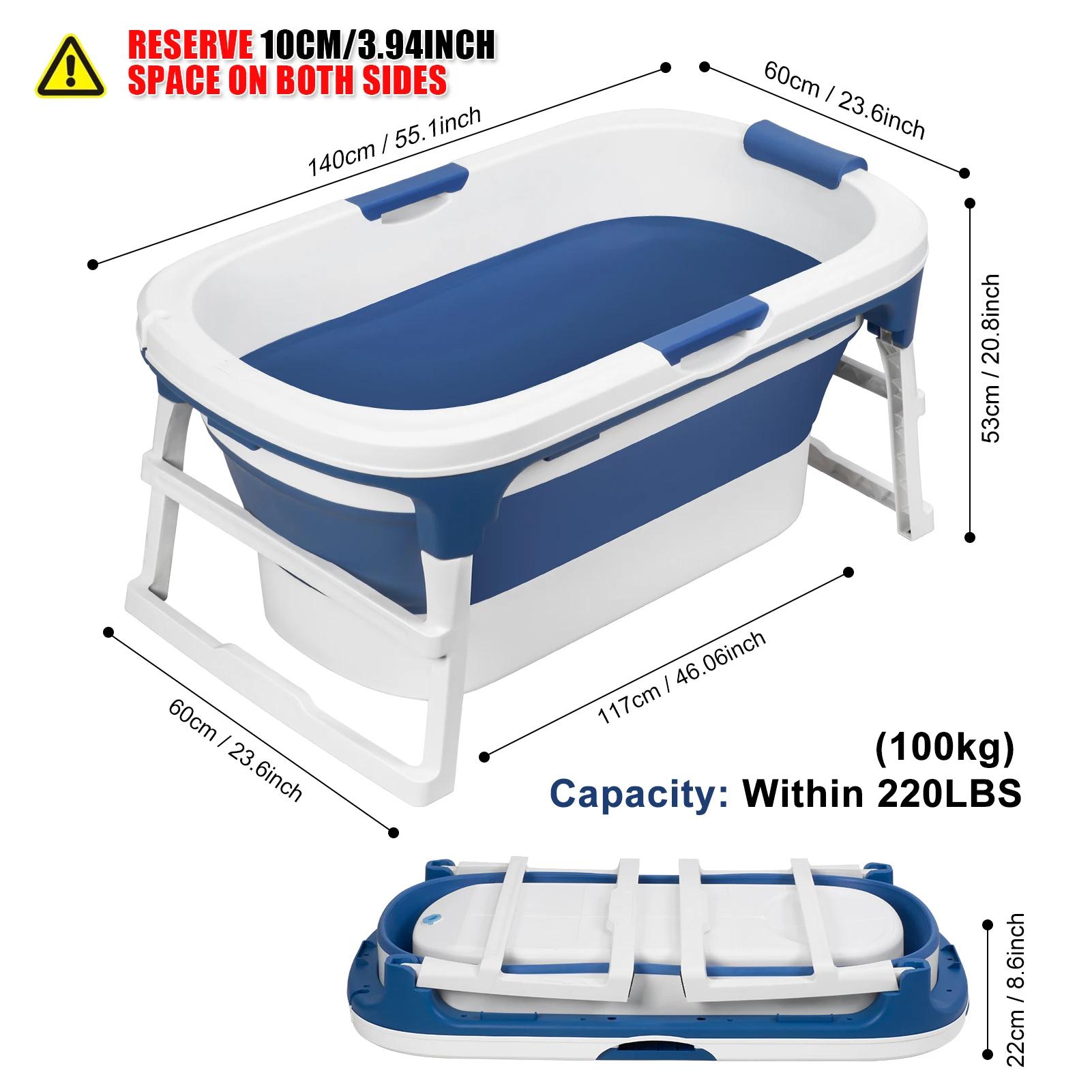 43/55 inch Foldable Bathtub, Portable Bathtub for Adult Kids, Large Collapsible Tub with Handle, Freestanding Surround Bathtub