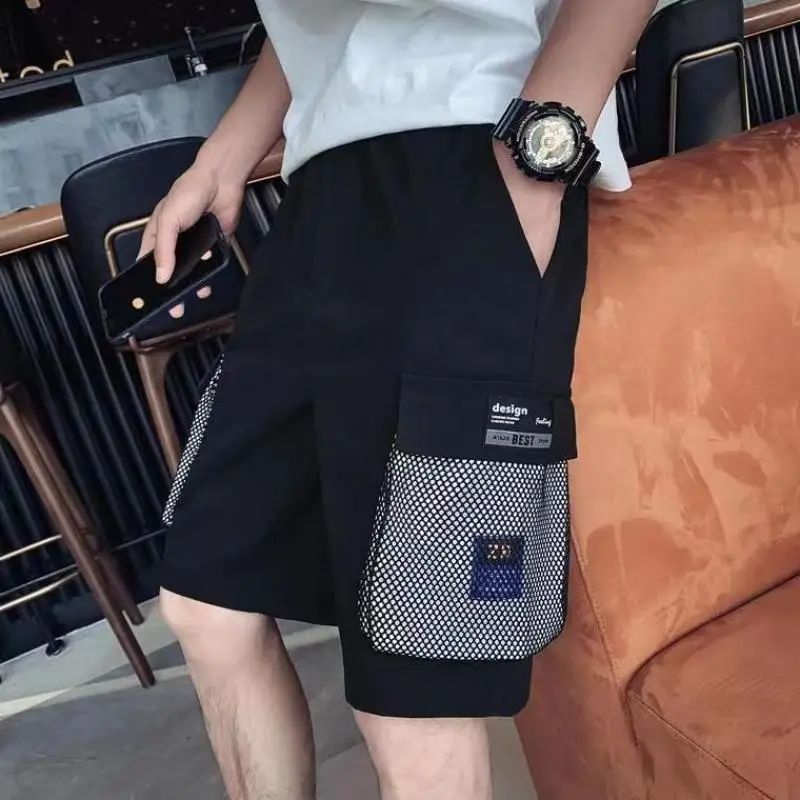 2024 Men's Summer New Color Blocking Thin Style Elastic Spliced Pockets Casual Loose and Trendy Versatile Sports Knee Pants