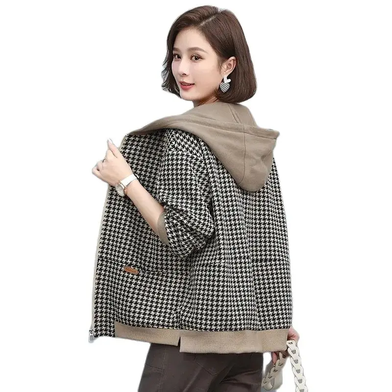 

[With Lining] Women's Loose Short Coat Mother Women's Trendy Houndstooth 2023 New Spring and Autumn Windbreaker