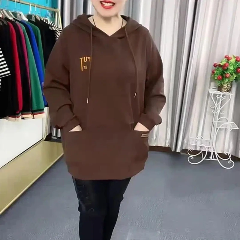 Autumn Winter Oversized Casual Fashion Embroidery Add Velvet Hoodies Female Loose All-match Top Women Thick Warm Hooded Pullover