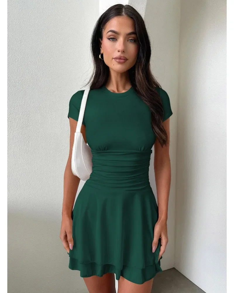 Fashion Folds Ruffled Mini Dress For Women Summer New Solid Color Short Sleeves Female Clubs Party Sexy Slim Fit Dress