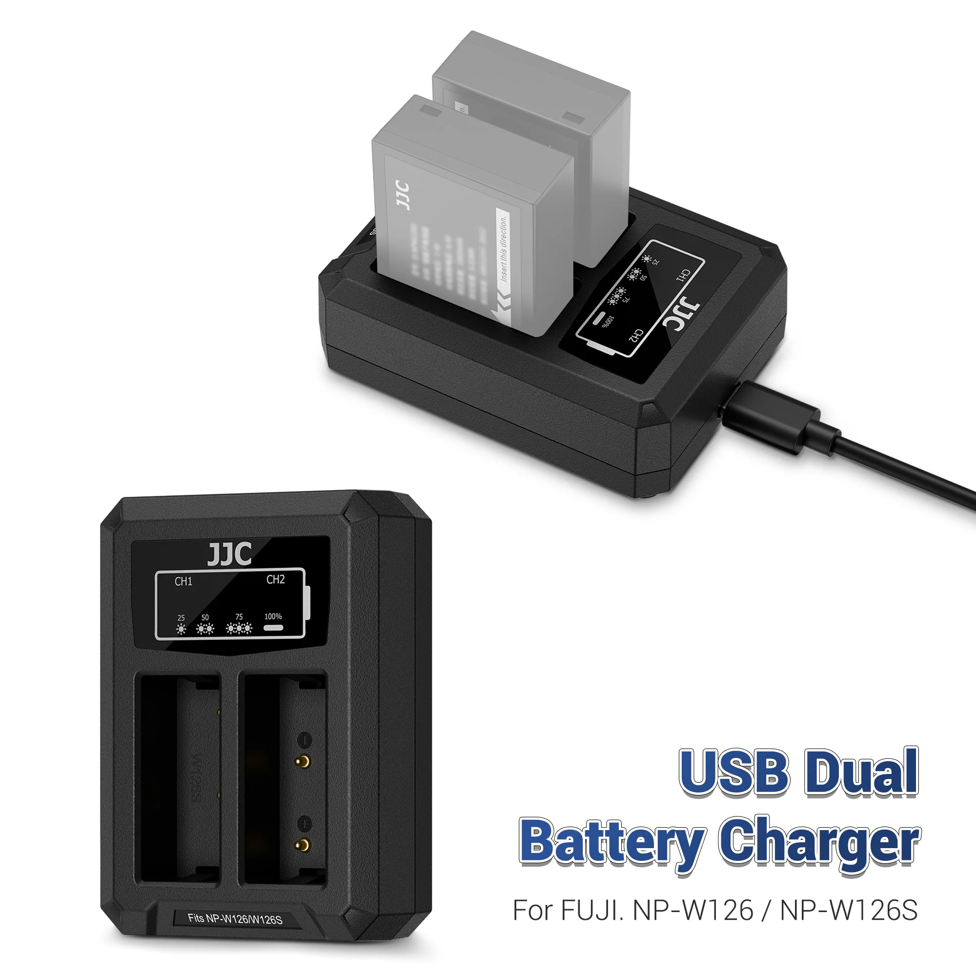 JJC USB 타입 C 듀얼 배터리 충전기 (후지필름 XT30 III XT30 II XT20 XT50 XT100 XT200 XE4 XE5 배터리 충전기 NP-W126S/NP-W126 호환)