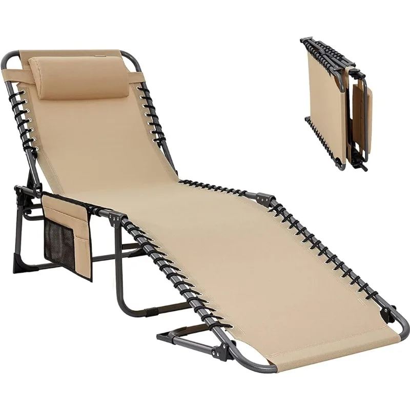 

Folding Tanning Chair for Lawn,Beach,Pool and Sunbathing,Portable Camping Reclining Chair with Pillow (1, Light Beige)