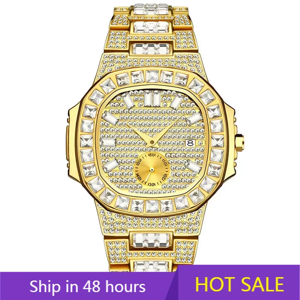 

Top Brand Punk Hip Hop Diamond Watch For Men Gold Silver Waterproof Calendar Quartz Stainless Steel Wrist Watches Relogio