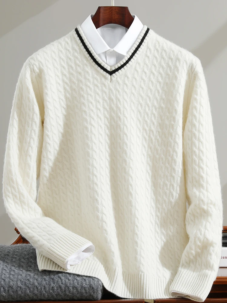 New Men's Sweater High-quality 100% Goat Cashmere V-Neck Pullovers Autumn Winter Thick Youth Jumper Men Large Size Knitwear Tops 3