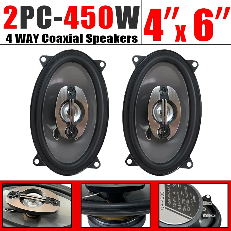 450W 4X6 Inch 4-Way Car HIFI Coaxial Speaker 1Pair Car Door Audio Music Stereo Tweeter Mid-woofer Full Range Frequency Speaker