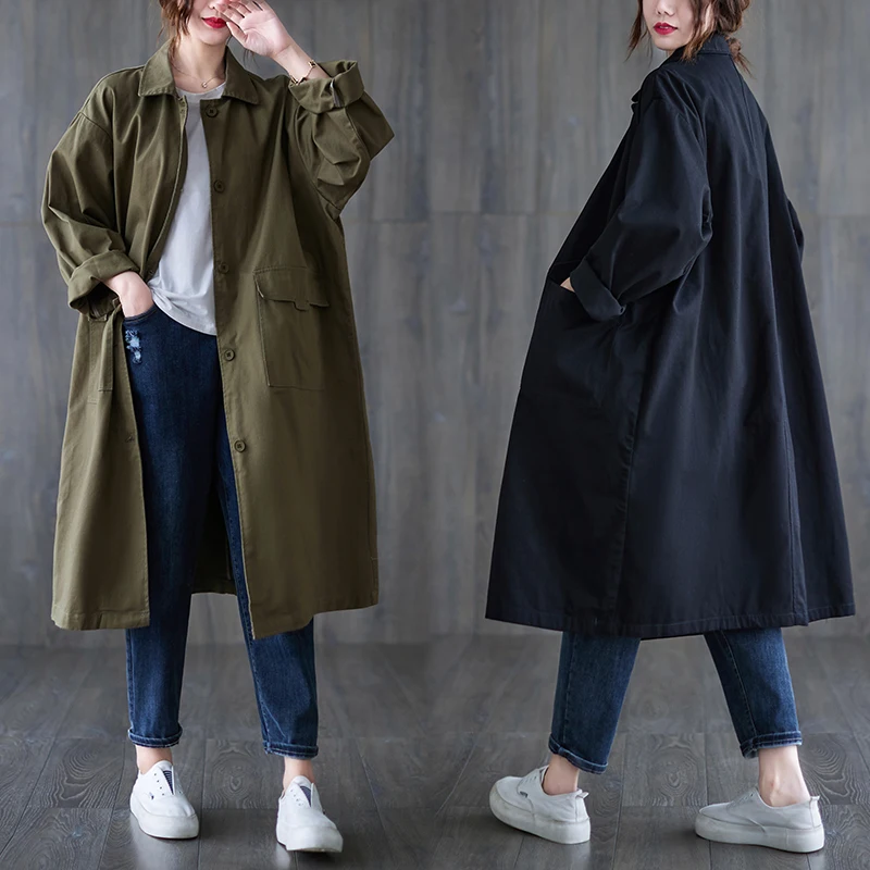 2023 Autumn New Loose Trench Coat Women Single Breasted Windbreaker Simple Casual Khaki Black All-Match Cardigan Outerwear Femal image