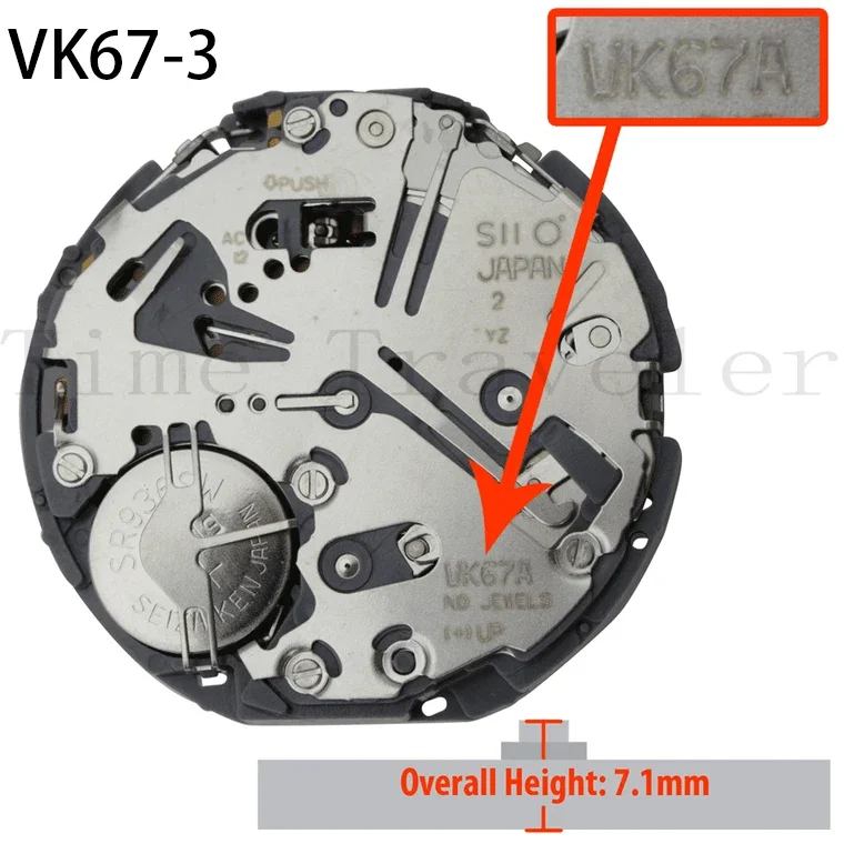 VK67 Movement TMI VK67-3 Movement  Hattori Japan Quartz Chrono Watch Movement VK67-3 Date At 3:00 Overall Height 7.5mm