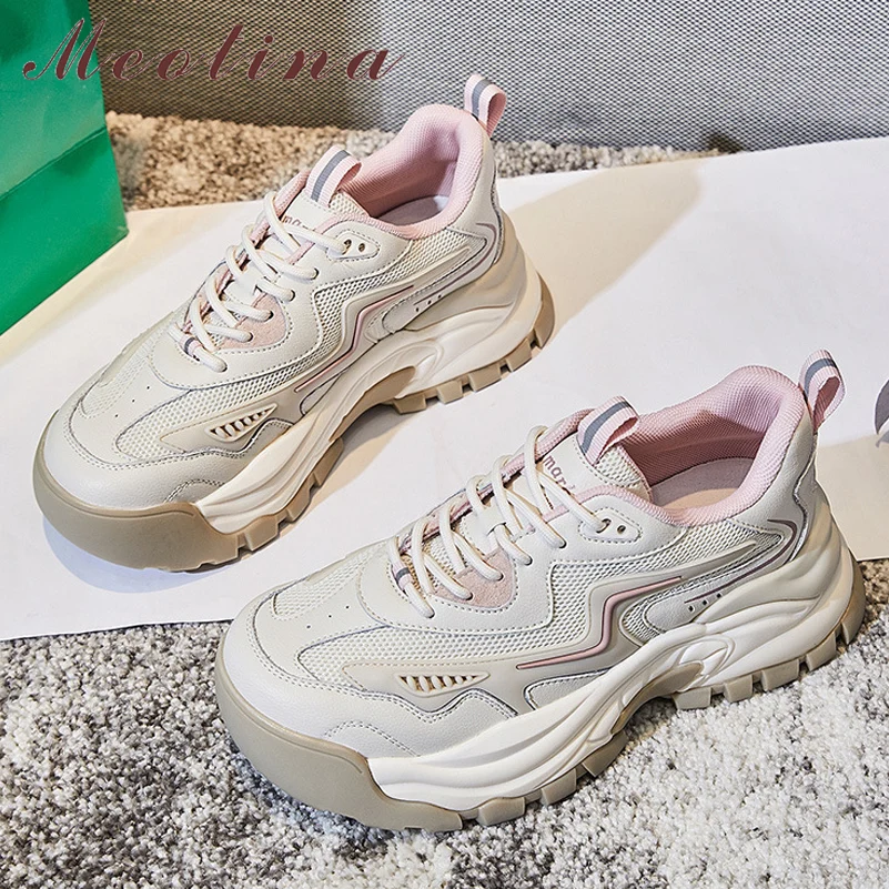 

Meotina Women Genuine Leather Sneakers Round Toe Platform Lace-up Mixed Colors Ladies Fashion Casual Shoes Spring Autumn Pink 40