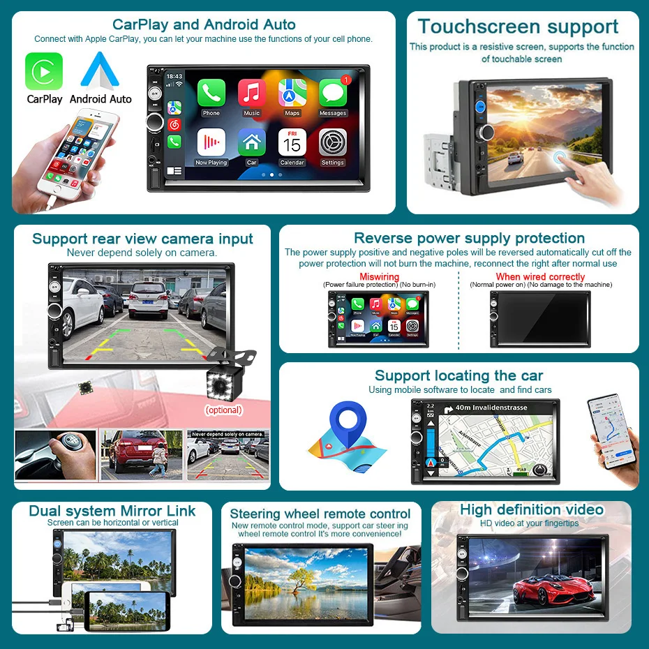 Radio de coche de 7 pulgadas, 1 Din, Carplay, Android, reproductor Multimedia para coche, pantalla táctil HD, FM, AUX, Bluetooth, MirrorLink, Autoradio Universal 2