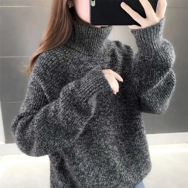 

Women's Autumn Winter Turtleneck Plus Velvet Thick Sweater Long Sleeve Knitwear Pullover Fashion Casual Versatile Elegant Tops