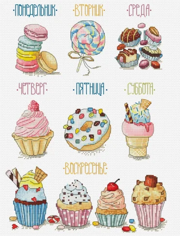 Kühlschrankaufkleber, Kunststoffleinwand, Handarbeitsstickerei, Strickhandwerk, Kreuzstichornamente, Sorten von Desserts