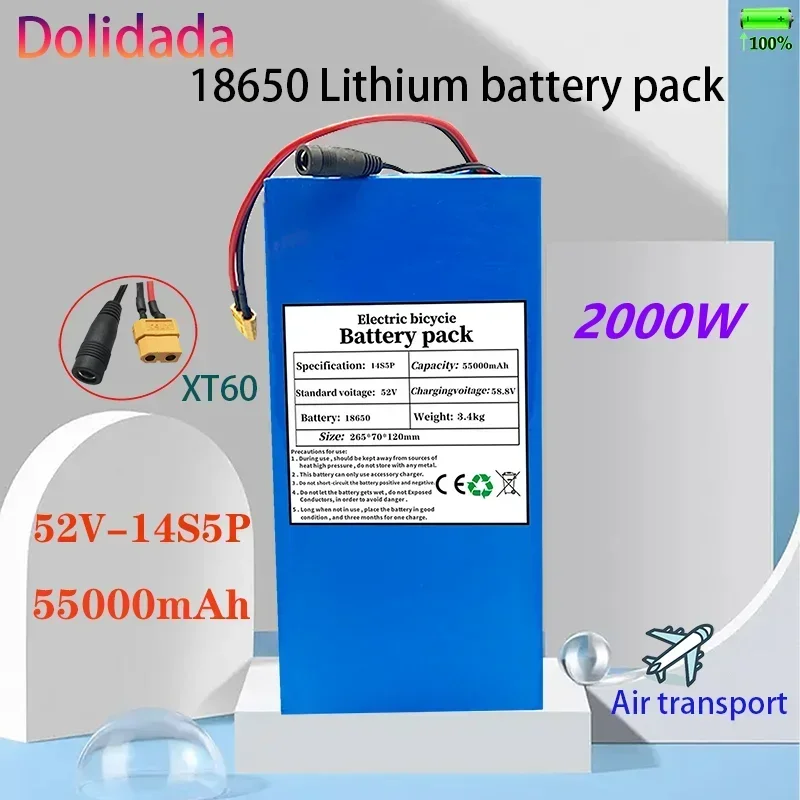 

NEW 52v 14s5p 55000mah 18650 2000w Lithium Battery with Bms, Used for Balance Bikes, Electric Bicycles, Scooters, Tricycles