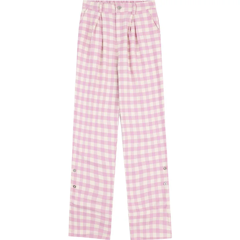 Pink Cute Style Plaid High Waist Casual Trousers Wide Leg Pants 2023 Women's Summer Loose Slimming Straight-leg Long Pants