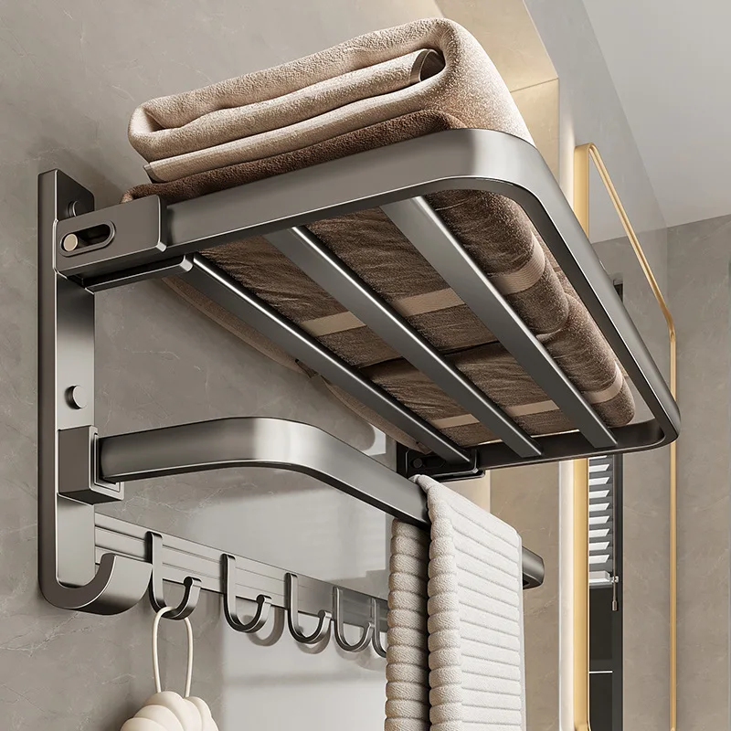 Towel Holder Wall Mounted No Drilling Towel Bar Space Aluminum Bathroom Organizers Bathroom Shelves Shower Storage Rack