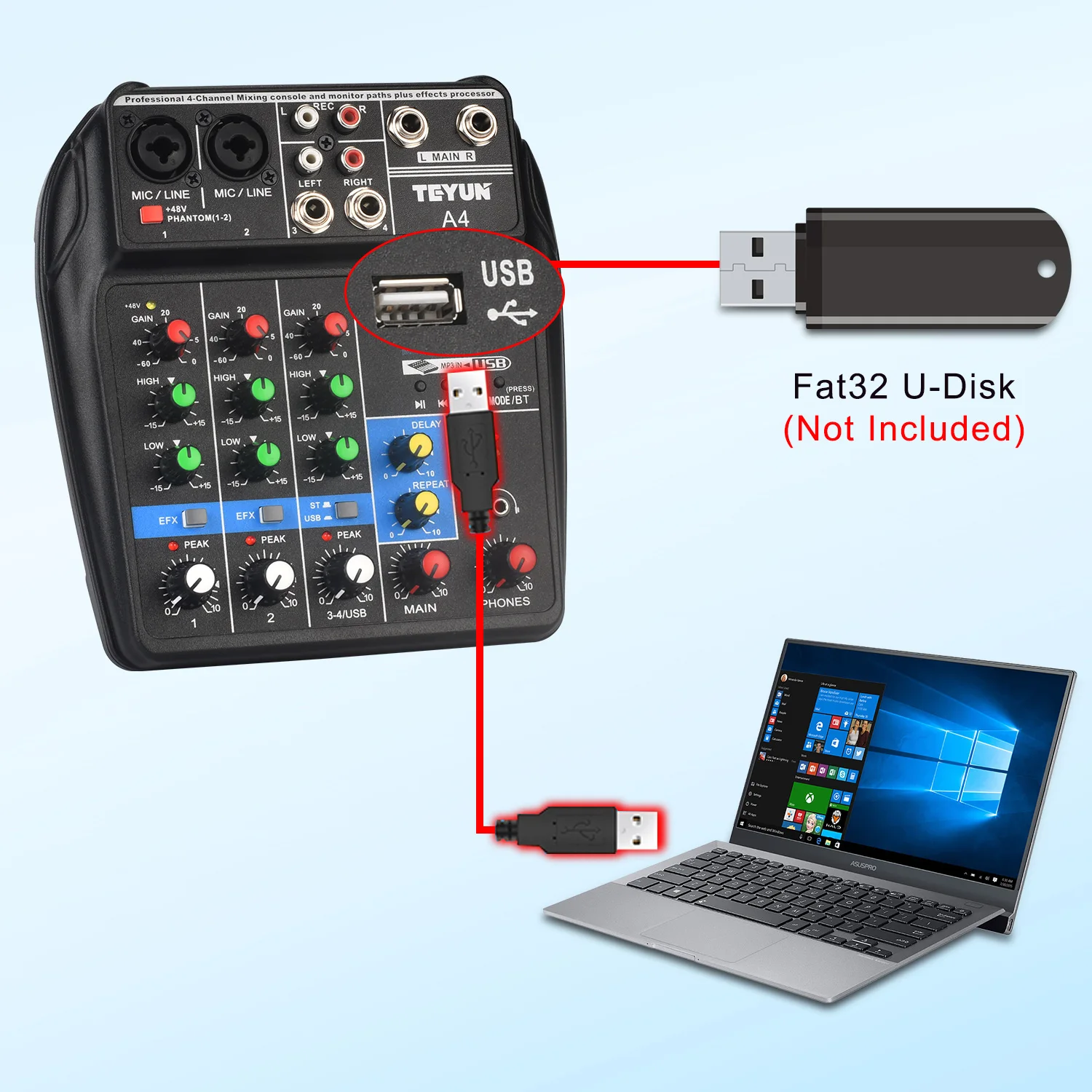 Portable Audio Sound Mixer Delay Repeat Effect 4 Channel 48V Bluetooth Mixing Console USB PC Record Play Broadcast Table A4