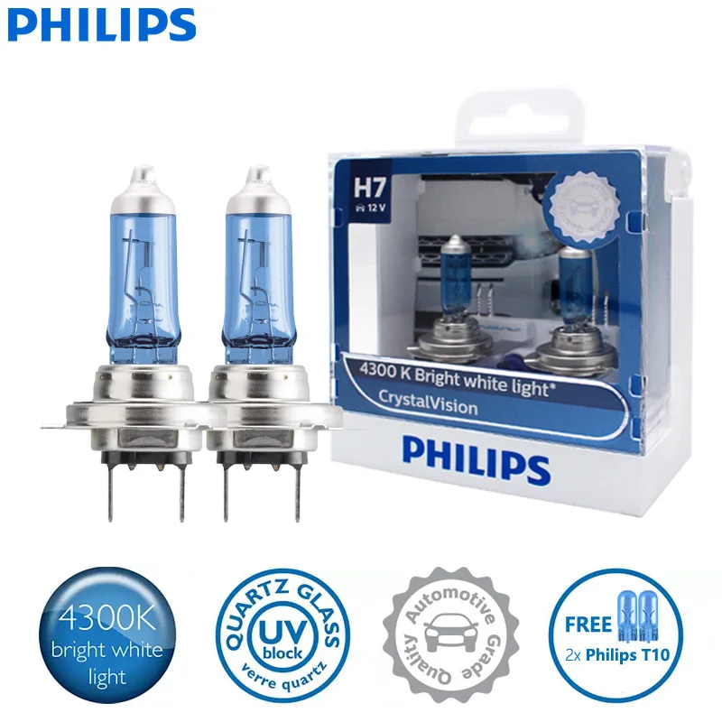 

2X Philips H7 12V 55W PX26d 4300K Bright White Light Crystal Vision Halogen Headlight Car Bulbs with 2x T10 Bulbs 12792CVSM