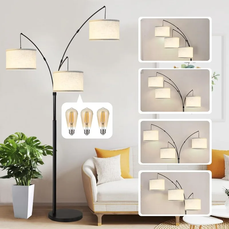 Dimmable Arc Floor Lamps for Living Room-Modern 3 Lights Floor Lamp, Mid Century Tall Standing Reading Lamp with Heavy Base 360°