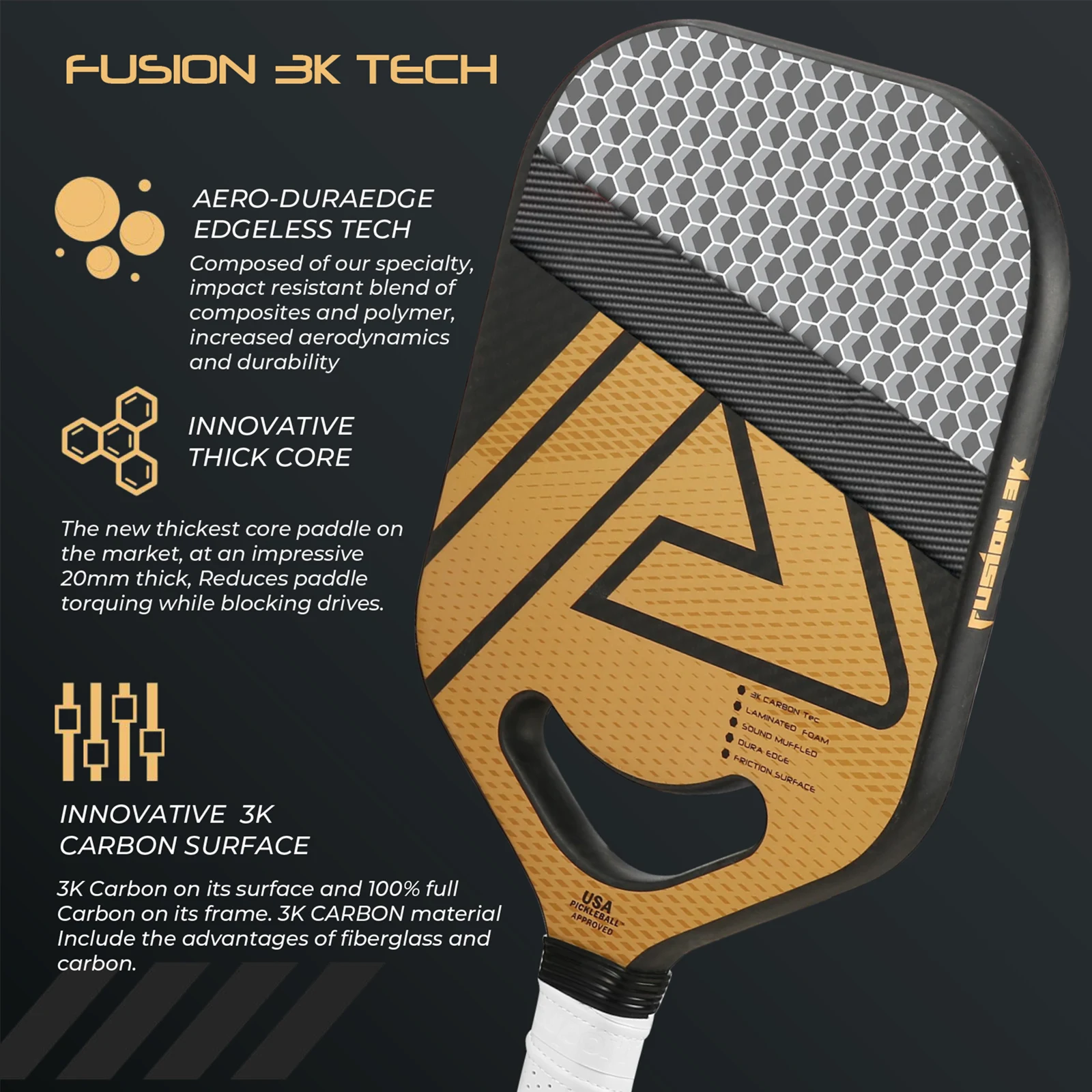 AMA SPORT Pickleball Paddle USAPA Approved Shovels Carbon PP Honeycomb Core for Aggressive and Controlled Drives